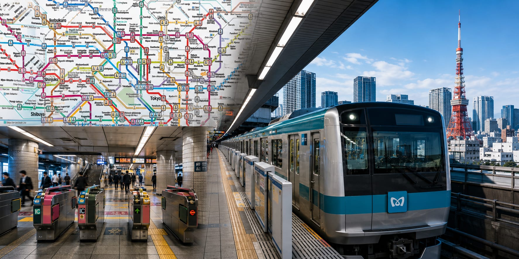 Tokyo Metro train arriving at a platform with a subway line map and Tokyo Tower in the background